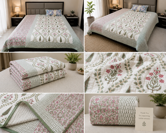 Pink & Sage Botanical Hand Block Quilt